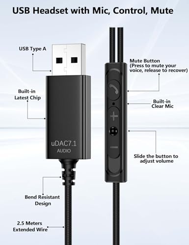 TOPAUX USB Headphone Over-Ear Hook 2.5M 8.2FT Computer Headset Black | Mute Mic USBA Earphone in-Ear Noise Cancel Wired Earbuds for Chromebook/Notebook/Teams for Zoom Office Laptop Desktop PC