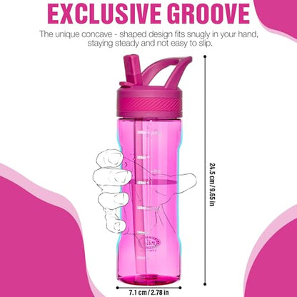 OLDLEY 20oz Kids Water Bottle with Straw, BPA-Free Tritan Water Bottle for School, Leakproof Clear Water Bottle with One Click Open, Measurement Scale, Cup Holder Friendly for Boys Girls,Fuchsia - color: Fuchsia