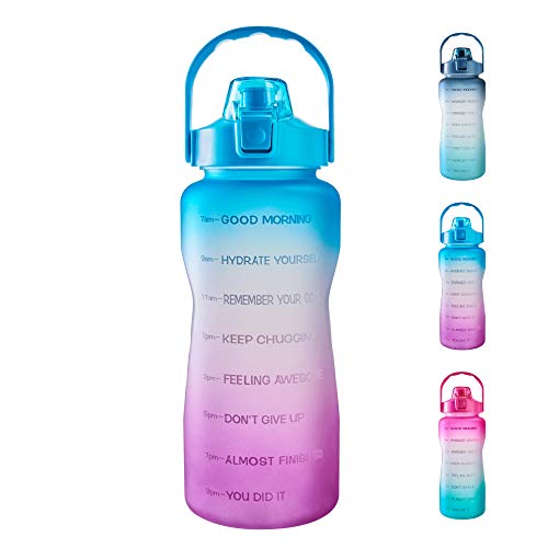 EYQ 64oz/128oz Leakproof Free Drinking Water Bottle with Motivational Time Marker BPA Free for Fitness, Gym and Outdoor Sports - color: Green/Purple Gradient