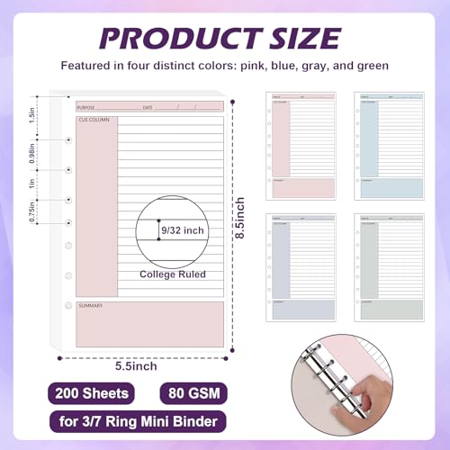 200 Sheet 7-Hole Cornell Notes Filler Paper 5.5" x 8.5" for Mini Binders College Ruled Cornell Lined Loose Leaf Paper Half Letter Lined Planner Refill Mini Binder Inserts for 3 or 7 Ring Binders