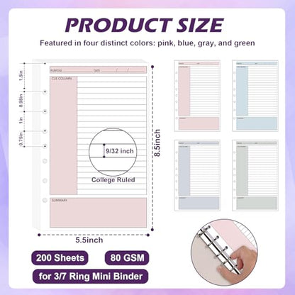 200 Sheet 7-Hole Cornell Notes Filler Paper 5.5" x 8.5" for Mini Binders College Ruled Cornell Lined Loose Leaf Paper Half Letter Lined Planner Refill Mini Binder Inserts for 3 or 7 Ring Binders