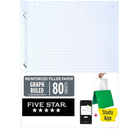 Five Star Loose Leaf Paper + Study App, Graph Ruled Filler Notebook Paper, Reinforced, Fights Ink Bleed, 8-1/2" x 11", 80 Sheets (170122) - size: 80 Sheets