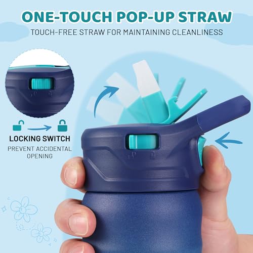 HAUSHOF Kids Water Bottle 12 oz BPA-free with Straw and Stickers, Stainless Steel Vacuum Double Wall Insulated cup with Leak Proof for school, Gift, Boys (Blue and Green) - color: Blue and Green(1 Pack)