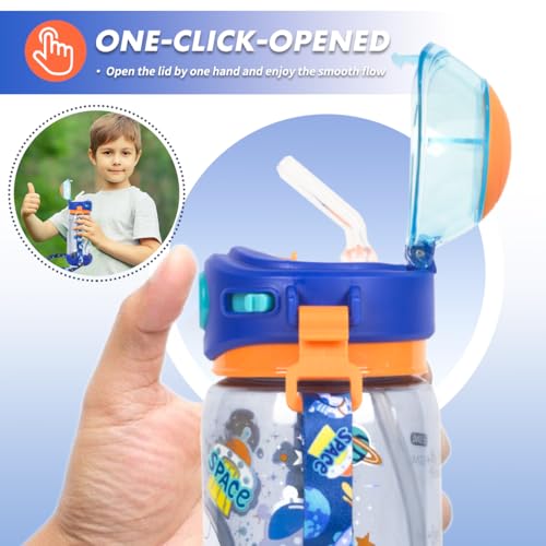 Kids Water Bottle with Straw/Lanyard for School Kids Girls Boys, 22oz BPA Free Child Drinking Water Bottle One-Click-Open Leak-Proof Locking Flip Lid for School Sport Travel - color: H05. Space