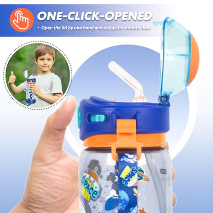 Kids Water Bottle with Straw/Lanyard for School Kids Girls Boys, 22oz BPA Free Child Drinking Water Bottle One-Click-Open Leak-Proof Locking Flip Lid for School Sport Travel - color: H05. Space