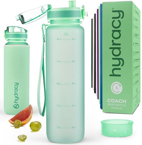 Hydracy Water Bottle with Time Marker & Fruit Infuser - BPA Free - 32 oz | Leak Proof Gym Bottle with times to drink and no sweat Sleeve - Ideal for Fitness Sports & Outdoors - color: Aqua Green, size: 32 Ounces