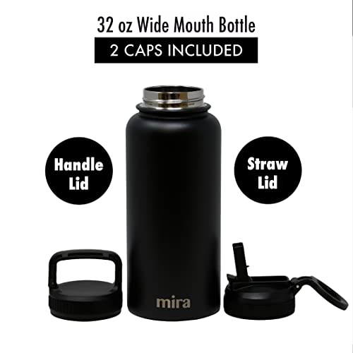 MIRA 32 oz Insulated Water Bottle - Stainless Steel Sports Flask with 2 Lids (Straw & Handle) - Cold Drink Thermo - Black - color: Solid - Black