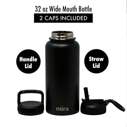 MIRA 32 oz Insulated Water Bottle - Stainless Steel Sports Flask with 2 Lids (Straw & Handle) - Cold Drink Thermo - Black - color: Solid - Black