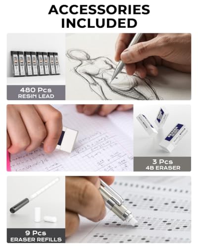 Nicpro 4 Pack Mechanical Pencil 0.7mm with Case, MB1000 Metal Mechanical Pencil Set with 6 Tube HB #2 Lead Refill 0.7 mm, 3PCS 4B Eraser, 9 Cap Eraser for Artist Drafting Writing, Sketching, Drawing - style: 4 Pack （0.7mm）