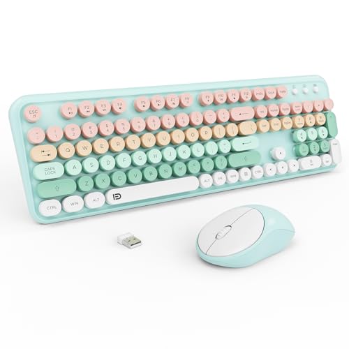 Wireless Keyboards Mouse Combos, Colorful Cute Typewriter Full-Size Retro Round Keycaps, 2.4GHz Cordless Sleep Mode Office Quiet Wireless Keyboard and Mouse Set for Desktop Laptop PC Computer - color: 105 Keys Blue Colorful