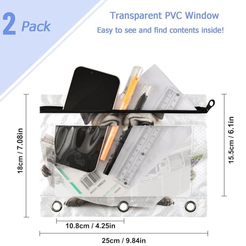 Studying 2 Pack Funny Pug Dog Reading Newspaper White 3 Ring Binder Pencil Pouch Bags,Clear Window Zipper Storage Case for Boys Girls School Office Supplies Cosmetics Organizers - color: Multi-french Bulldog