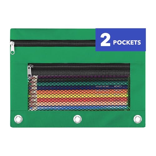 Pencil Pouch for 3 Ring Binder - 3 Hole Zipper Pen Case Bag Holder Bulk Accessories Clear Window Aesthetic Organizer Pockets - color: Green