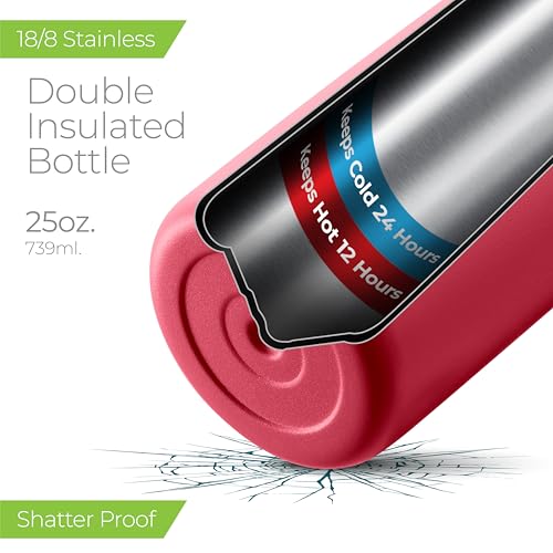 SipX™ 25 oz Insulated Water Bottle with 3 Lids – Leakproof Stainless Steel, Triple Insulated – Cold 24 Hours/Hot 12 Hours – Durable Bottle for School, Gym, Travel – Red - color: Red, size: 25 Ounces