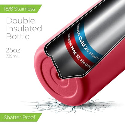 SipX™ 25 oz Insulated Water Bottle with 3 Lids – Leakproof Stainless Steel, Triple Insulated – Cold 24 Hours/Hot 12 Hours – Durable Bottle for School, Gym, Travel – Red - color: Red, size: 25 Ounces