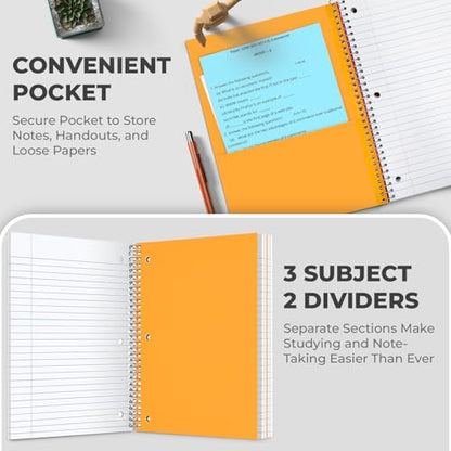Rosmonde 24 Pack 3 Subject Spiral Notebook College Ruled Bulk, Thick Paper, Extra Pages - 300 Pages (150 Sheets), 8 x 10-1/2", Bulk Spiral Journal for School, 3 Hole Punched, Bulk Subject Notebooks - size: 24 Pack, style: 3 Subject - Soft Cover