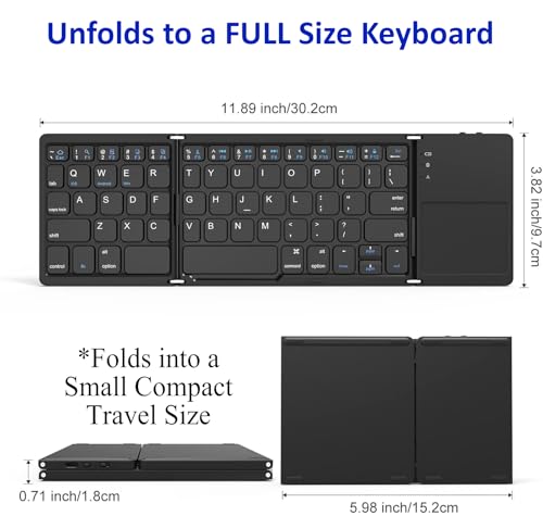 Slim Foldable Wireless Keyboard Compatible with OnePlus Open with TOUCHPAD Mouse Fully Universal Providing 48H Use, 560 Days Standby, Portable, Compact, Tri-Fold, Rechargeable!