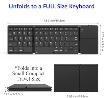 Slim Foldable Wireless Keyboard Compatible with OnePlus Open with TOUCHPAD Mouse Fully Universal Providing 48H Use, 560 Days Standby, Portable, Compact, Tri-Fold, Rechargeable!