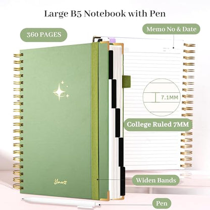 FLYING EAGLE Leather Spiral Notebooks for Work 5 Subject Notebook College Ruled with Dividers Pen, 360 Pages B5 Hardcover Lined Journals for Women Men Writing,Green - color: A.green