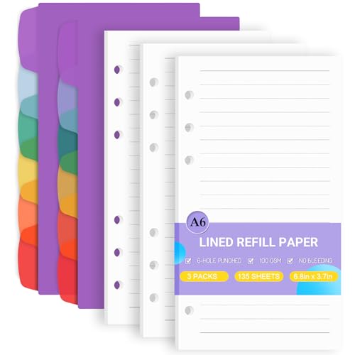 Antner A6 Lined Refill Paper 6-Hole Planner Inserts for A6 6-Ring Refillable Notebook Binder, 135 Sheets/270 Pages Wide Ruled Loose Leaf Filler Paper with 12 PCS Binder Dividers for Journal Notes - color: Lined Paper