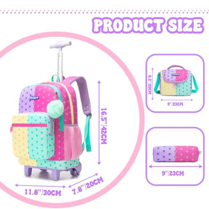 Girls Rolling Backpack with Lunch Box School Backpacks with Wheels 16.5" Roller Backpack for Girls, 3pcs Kids Wheeled Bookbag for Elementary School - color: Duoseaixin