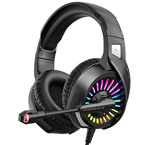 ZIUMIER Gaming Headset with Microphone, Compatible with PS4 PS5 Xbox One PC Laptop, Over-Ear Headphones with LED RGB Light, Noise Canceling Mic, 7.1 Stereo Surround Sound - color: Black