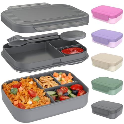 Caperci Stackable Bento Lunch Box for Adult & Teens - Reinforced Leak-Proof Lunch Container 4-Compartment with Utensils & Sauce Container, BPA-Free, Dishwasher/Microwave Safe, 47oz (Dark Gray) - color: Dark Gray