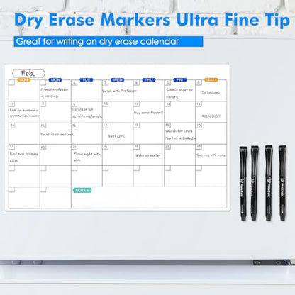 maxtek Magnetic Black Dry Erase Markers with Eraser, Ultra Fine, 6 Count | Low Odor 0.7mm Extra Fine Whiteboard Markers for Planning Whiteboards and Calendar Boards