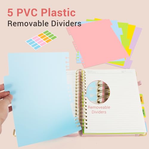 Hardcover Spiral Journal Notebook, 300 Pages 5 Subject Notebook College Ruled with Removable Dividers Tabs, 8" x 10" Notebooks for Work, Spiral Ruled Lined Writing Journal, Hardcover Leather Notebook for School (Pink, 8''x 10'') - color: Pink