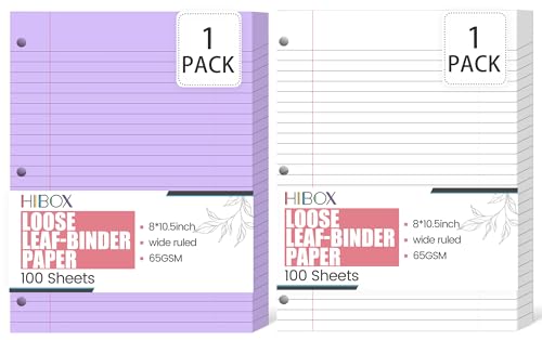 200 Sheets Wide Ruled Loose Leaf Paper, 100 Purple & 100 White 8"x10.5" Punched for Binders, Fights Ink Bleed, Ideal for School, College & Office Use