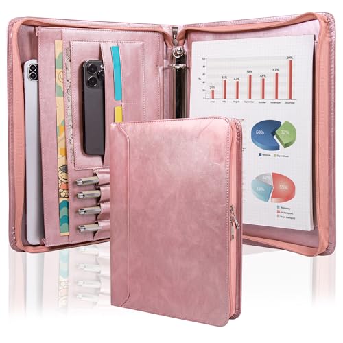 AZXCG Leather Padfolio for Women,3 Ring Portfolio Binder with Zipper,Business Portfolio for Women with A4 Writing Pad Holder, Portfolio Organizer for Business,School,Work - color: Rose Gold