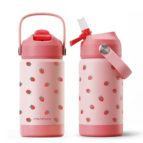Mommore Kids Insulated Water Bottle with Soft Rubber Handle, 12oz Stainless Steel Thermos with Straw Lid, Leak Proof, Easy to Clean Design, Vacuum Small Canteen for School Boy Girl Strawberry-1 Pc - color: Strawberry
