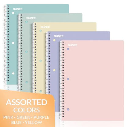 SUNEE Spiral Notebooks, 1-Subject, 5 Pack, College Ruled Paper, 8" x 10-1/2", 70 Sheets per Notebook,3-Hole Punched Paper, Pink,Purple, Blue, Green, Yellow Spiral Lined Notebooks for School,Work - style: Pastel | 5 Pack
