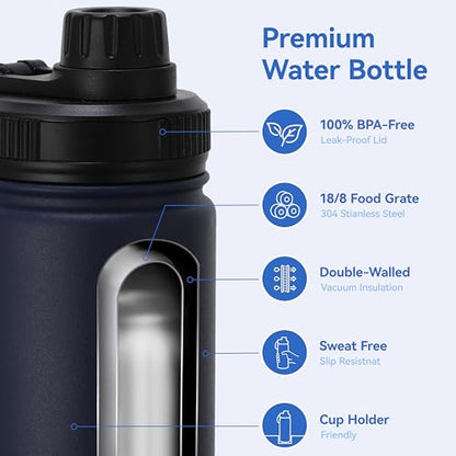 DOMICARE 16 oz Kids Water Bottle for School Stainless Steel Double Wall Vacuum Insulated Water Bottle with Straw lids & Spout Lid, Leakproof BPA Free (Navy,4) - color: Navy Blue, size: 16oz/4 Pack