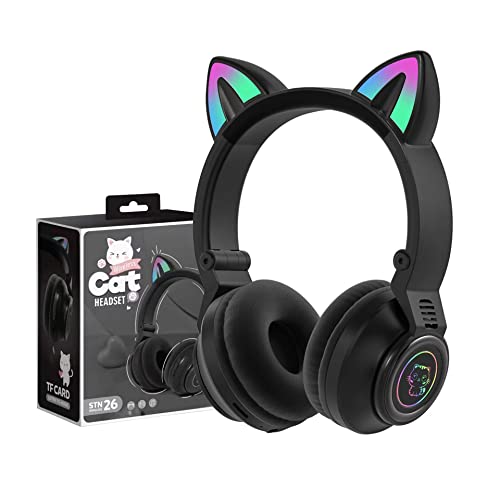 Cat Ear Bluetooth Headphones for Kids & Adults, Wireless Foldable & Wired Multi-Function LED Light Up Over Ear Headphones with Mic and Volume Control for iPhone/iPad/Laptop/PC (Black) - color: Black