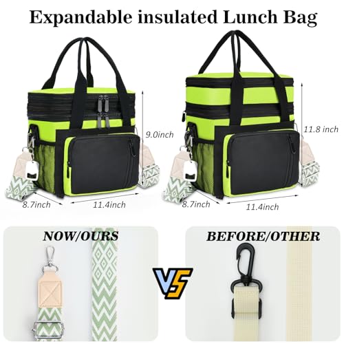 LOKASS Lunch Box for Women/Men-16L-Insulated Lunch Bag, Expandable Double-layer Leakproof Cooler Bag with Upgrade Adjustable Shoulder Strap Ideal for Work/Travel/Picnics（Neon Green） - color: Neon Green