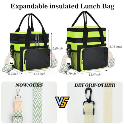 LOKASS Lunch Box for Women/Men-16L-Insulated Lunch Bag, Expandable Double-layer Leakproof Cooler Bag with Upgrade Adjustable Shoulder Strap Ideal for Work/Travel/Picnics（Neon Green） - color: Neon Green