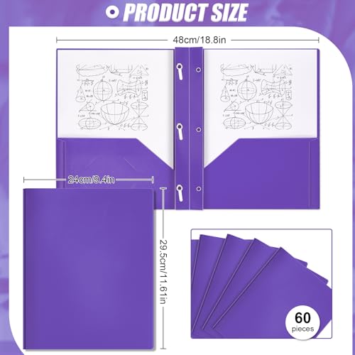 Yeaqee 60 Pcs Plastic Folders with Pockets and Prongs Plastic Folder 2 Pockets 3 Prongs with Card Slot for Office, School, Teachers, Office Workers (Purple) - color: Purple