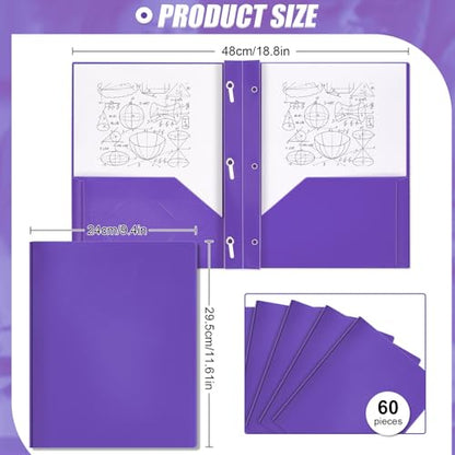Yeaqee 60 Pcs Plastic Folders with Pockets and Prongs Plastic Folder 2 Pockets 3 Prongs with Card Slot for Office, School, Teachers, Office Workers (Purple) - color: Purple