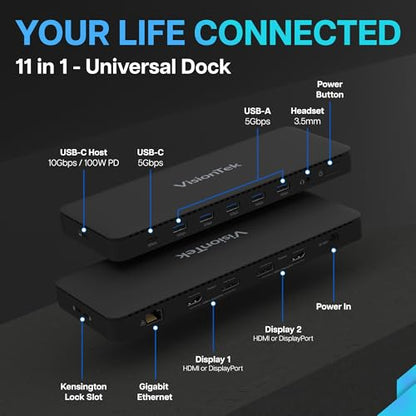 VisionTek VT4600DL Universal Dual 4K Docking Station 100W Charging (USB-A, USB-C) | Dual 4K Display via HDMI/DP, 100W Power Delivery, Universal DisplayLink, Windows & Mac Support, Hybrid Enterprise Deployment