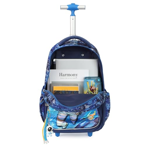 Cartoon Rolling Backpack for Boys Girls, Kids 5 Pcs Wheeled Backpack, Travel Backpack for Elementary Students (Astronaut Blue) - color: Astronaut Blue