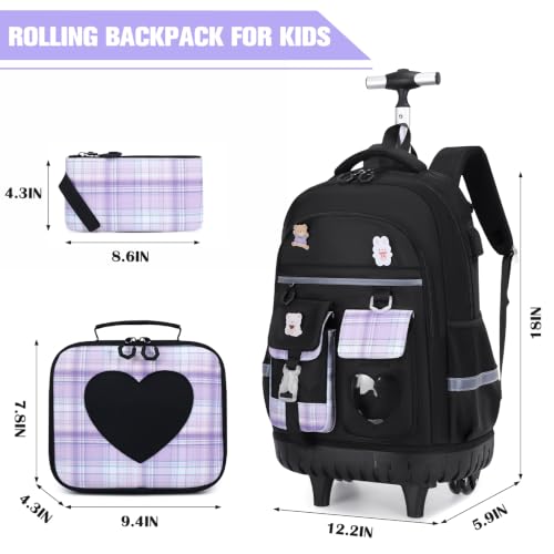 ACESAK Rolling Backpack for Girls - Roller Wheels School Bookbag with Lunch Bag & Pencil Pouch for Teen Girls Kids Wheeled Suitcase Backpacks, Elementary Middle School Travel Daypack (Black Purple) - color: Black-purple