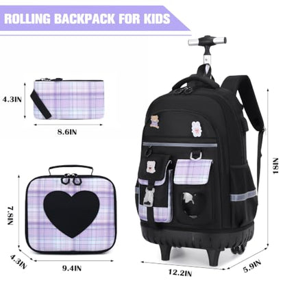 ACESAK Rolling Backpack for Girls - Roller Wheels School Bookbag with Lunch Bag & Pencil Pouch for Teen Girls Kids Wheeled Suitcase Backpacks, Elementary Middle School Travel Daypack (Black Purple) - color: Black-purple