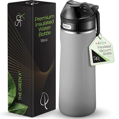 SipX Insulated Water Bottle, Water Bottle with Straw Lid, 18 oz Triple Insulated Stainless Steel, Leakproof, BPA-Free, Slim Durable Metal Bottle for School, Gym & Office, Grey - color: Gray