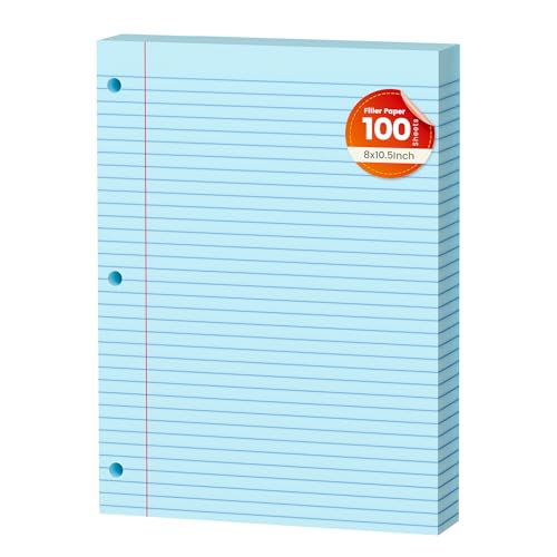 Blue Loose Leaf Paper 100 Sheets Colored Filler Paper 8 * 10.5 College Ruled 3-Hole Punched Paper for 3-Ring Binders Notebook Lined 8" x 10.5" - color: Blue 1 Pack
