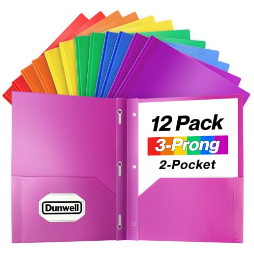 Dunwell Plastic 2 Pocket Folders with 3 Prongs, (12 Pack, Assorted Colors), Tear-Resistant, Long Lasting Acid-Free Poly 3-Clasp Folders with Fasteners, Labels Included - color: 6 Vibrant, size: 12 Pack