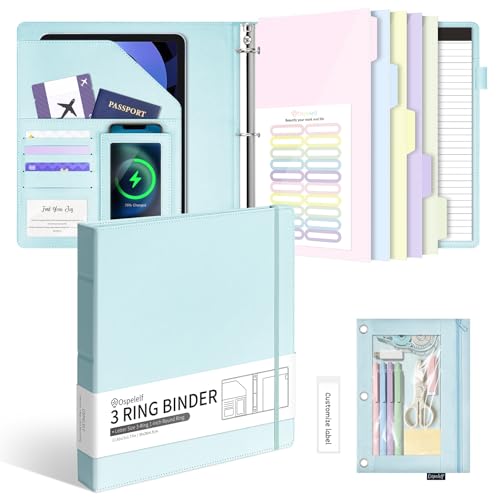 Ospelelf Leather 3 Ring Binder for Letter Size Documents with Pocketed Storage Dividers, Pencil Pouch & Notepad, 1 Inch Round Rings, Holds 175 Sheets, for Office School Home Organization, Light Blue - color: Light Blue