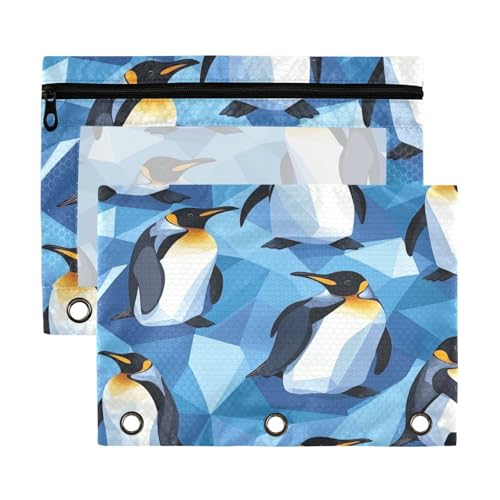 Kcldeci Pencil Pouch for 3 Ring Binder, Penguin Blue Crystal Ice 2 Pack Binder Pencil Pouch with Clear Window Pencil Bags with Zipper Pencil Case for Binder - color: C04