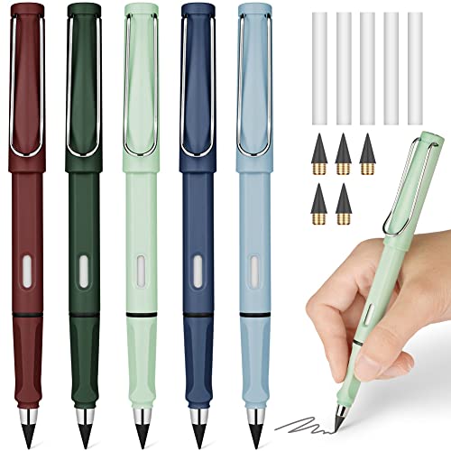 Ainiv Inkless Pencil with Eraser, 5 Sets Infinity Pencil Everlasting Pencil, Reusable Infinite Pencil with Extra 5 Eraser & 5 Replaceable Nibs, Endless Pencil for Home Office School Writing Drawing - color: 5 Sets Retro Color