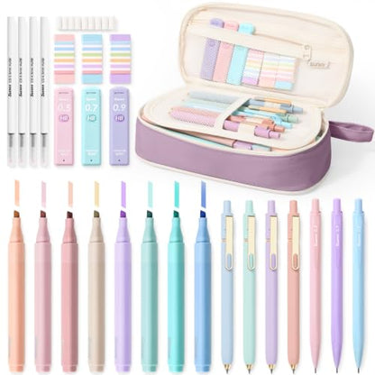 SUNEE 35PCS Aesthetic Stationery Set with Cute Pencil Case, Pastel Highlighters, Black Gel Pens, Mechanical Pencils & Refills, College School Supplies for Students Girls Purple - color: Purple, style: 35 Pack
