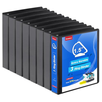 COMIX Heavy Duty 1 1/2 inch Slant-D Ring View Binder, 1.5 inch 3 Ring Binders, Hold 350 Sheets of 8.5" x 11" Paper, 8 Pack (Black) - color: Black, size: 1.5 inch, style: 8 Pack